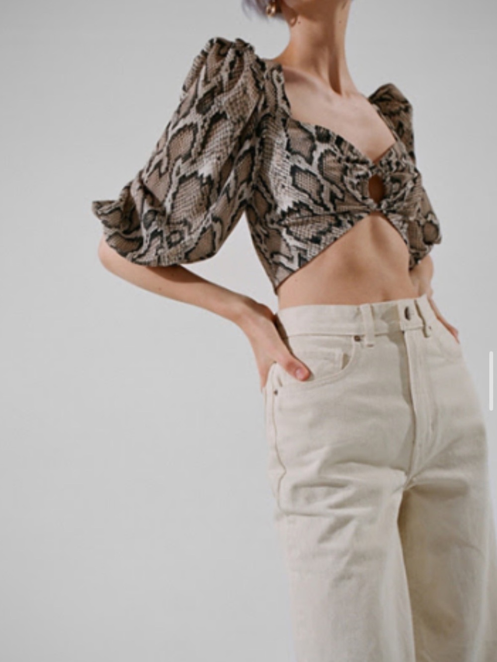 AFRM Snake-Print Puff-Sleeve Ring-Front Crop Top in Neutral Brown